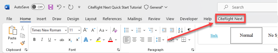 CiteRight Next tab in Word.png